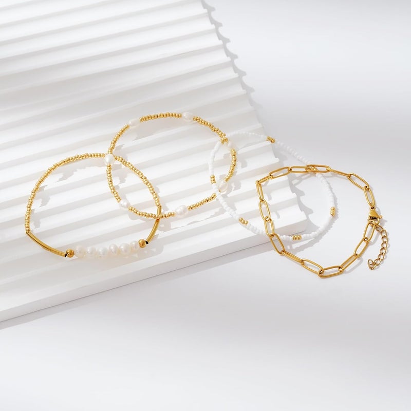 Pymach Store Dainty Gold Plated Pearl Crystal Beaded Bracelets Set for Women 14K Gold Plated Bead Pearl Beads Bracelet Stackable Paperclip Link Chain Bracelets Gold Plated Bracelets for Women Trendy Jewelry - Image 3